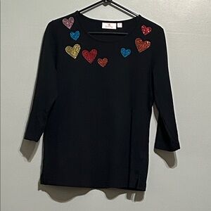 Quacker Factory Black Top with Colorful Heart rhinestone Accents Size XS